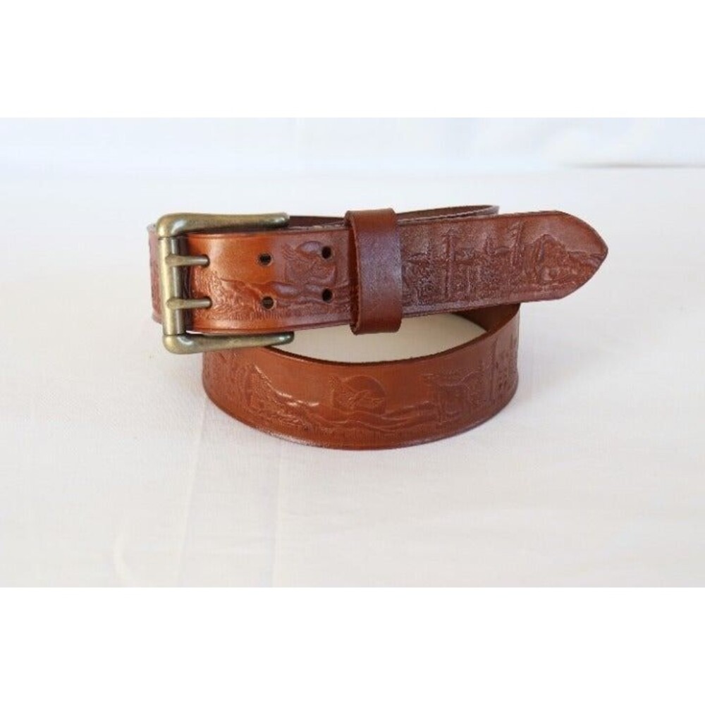 33" Handmade brown 100% cowhide embossed eagle leather belt double hole buckle X